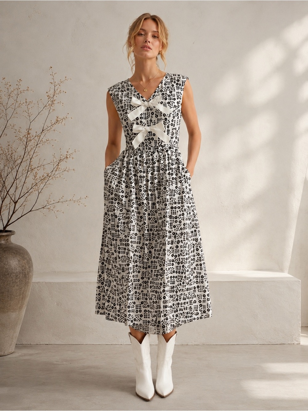 Sleeveless Black & White Patterned Midi Dress with Bow Detail